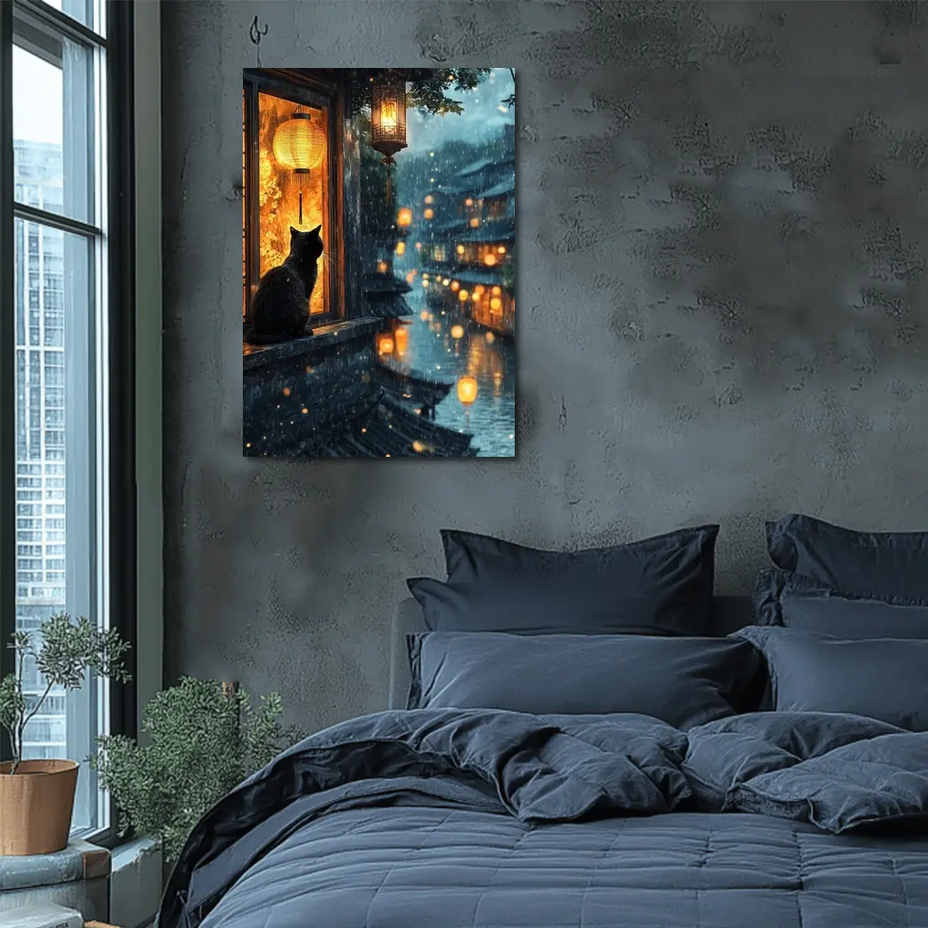 Black Cat Rainy Night Asian Lantern City – Wall Art
