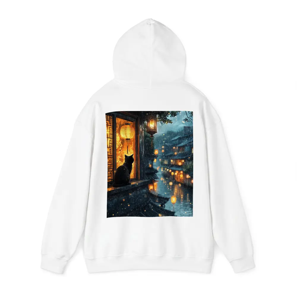 Black Cat Rainy Night Asian Lantern City – Hoodies