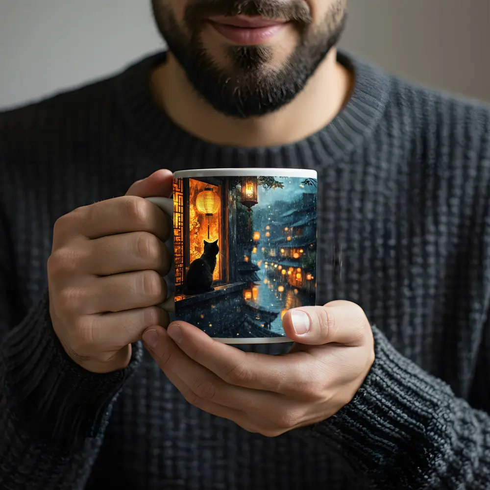 Black Cat Rainy Night Asian Lantern City – Mugs