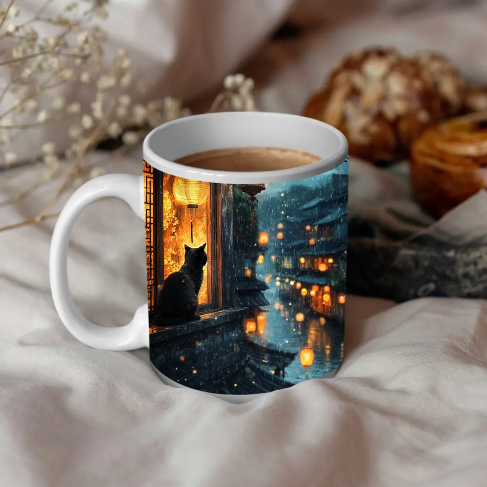 Black Cat Rainy Night Asian Lantern City – Mugs