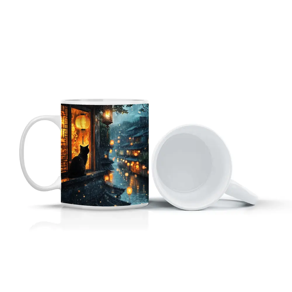 Black Cat Rainy Night Asian Lantern City – Mugs