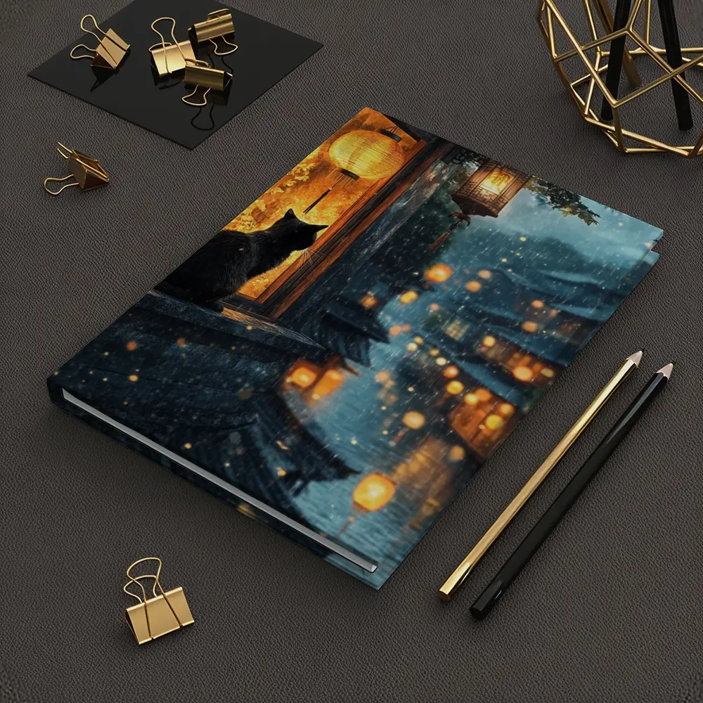 Black Cat Rainy Night Asian Lantern City – Notebooks