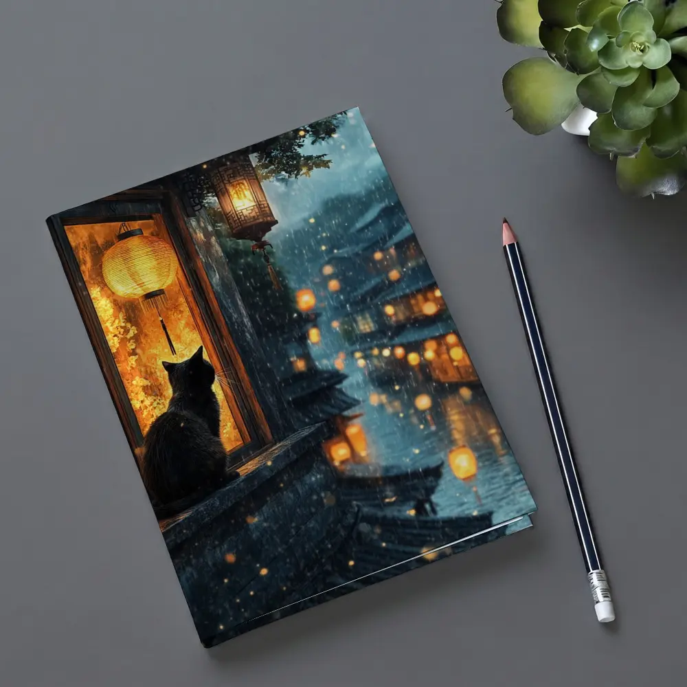 Black Cat Rainy Night Asian Lantern City – Notebooks