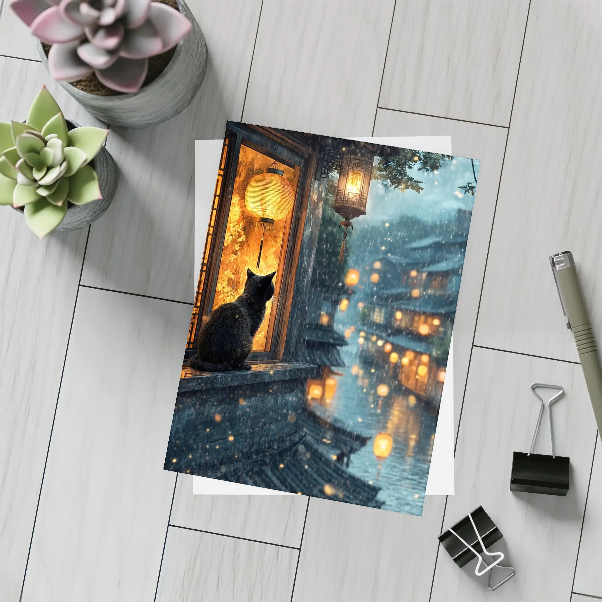 Black Cat Rainy Night Asian Lantern City – Postcards