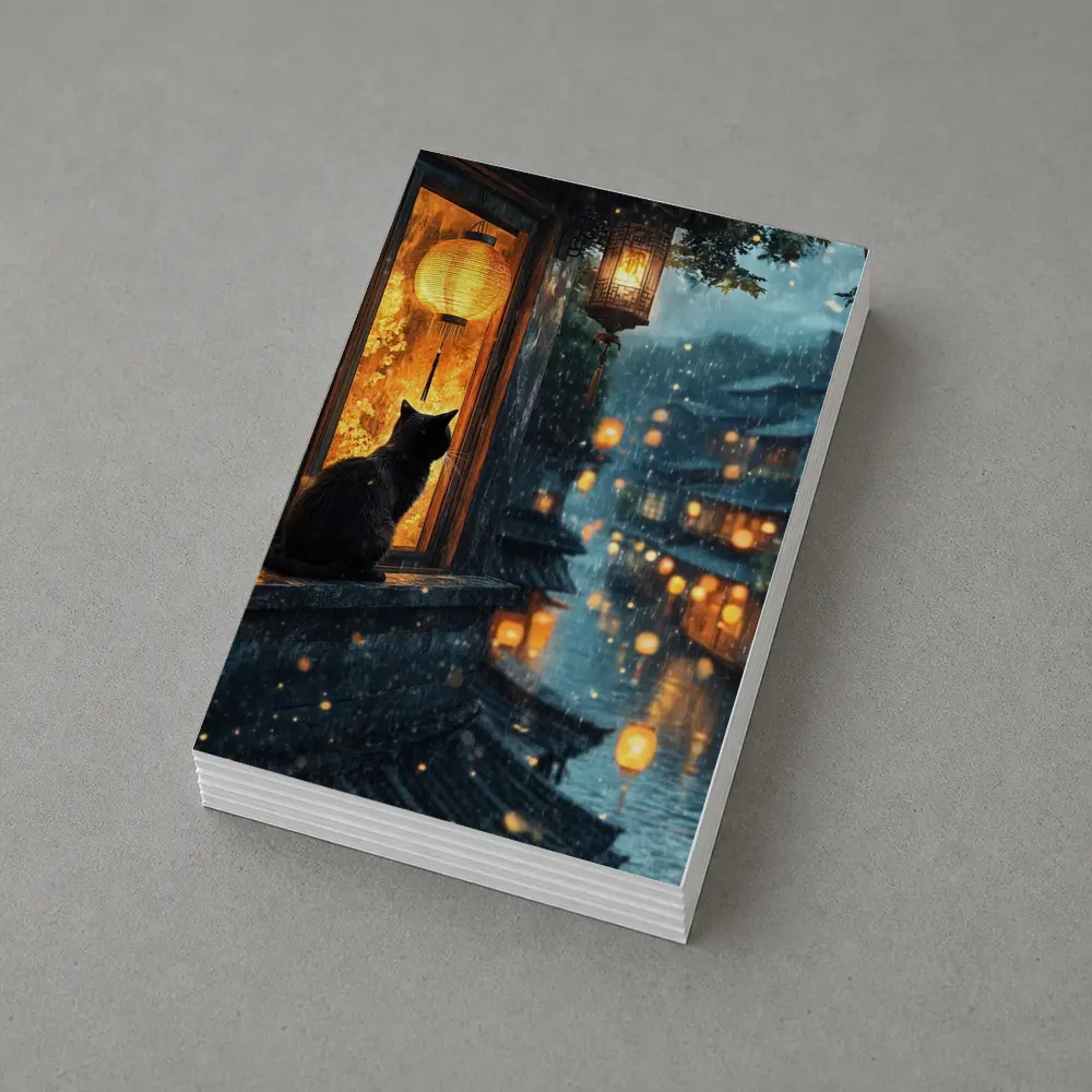 Black Cat Rainy Night Asian Lantern City – Postcards