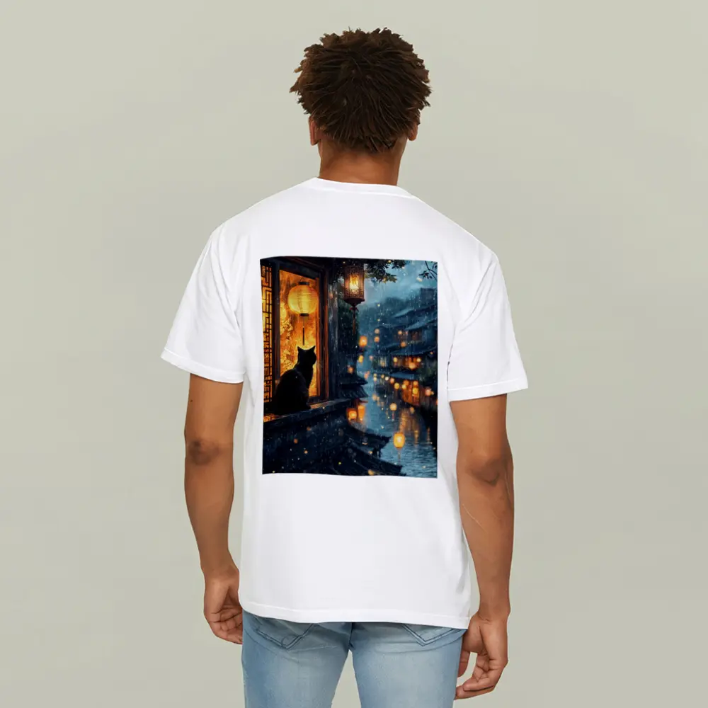 Black Cat Rainy Night Asian Lantern City – T-Shirts