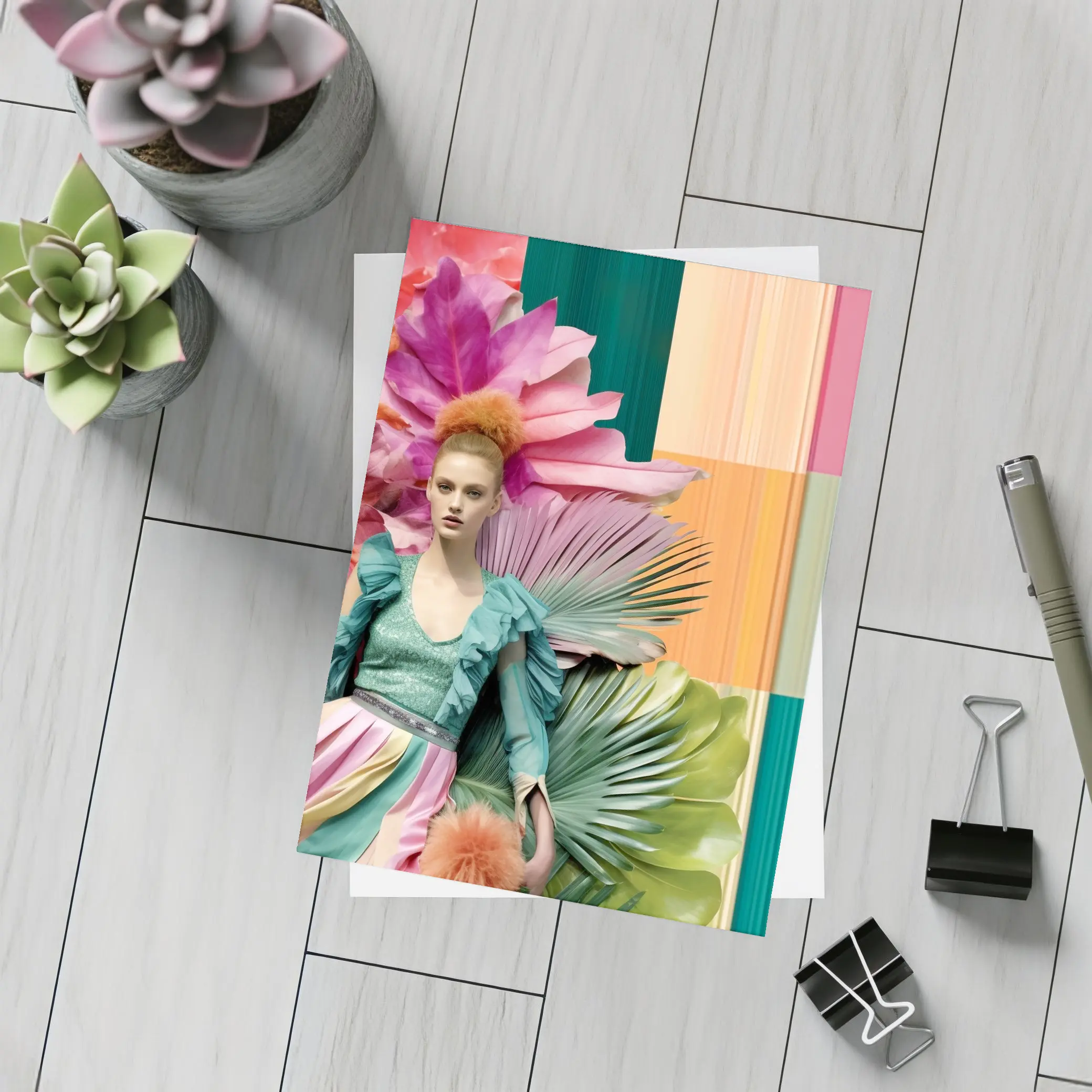 Fashion Woman Tropical Floral Colorful Art – Postcards