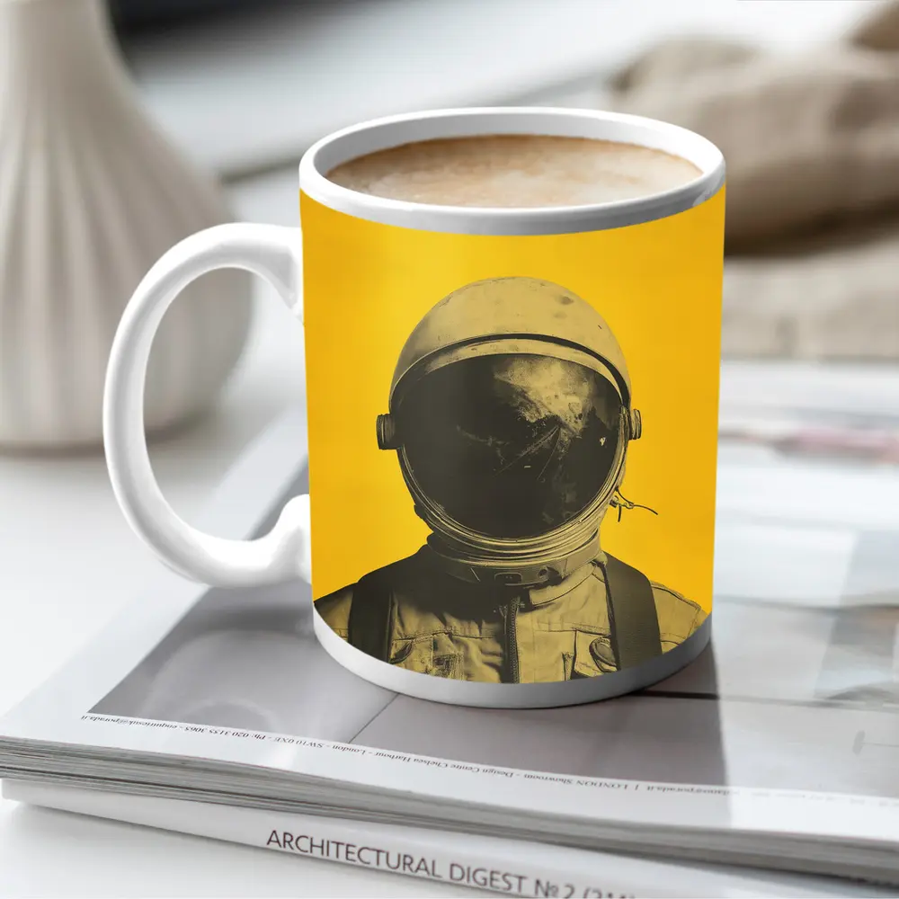 Retro Astronaut Portrait Yellow Background Art – Mugs