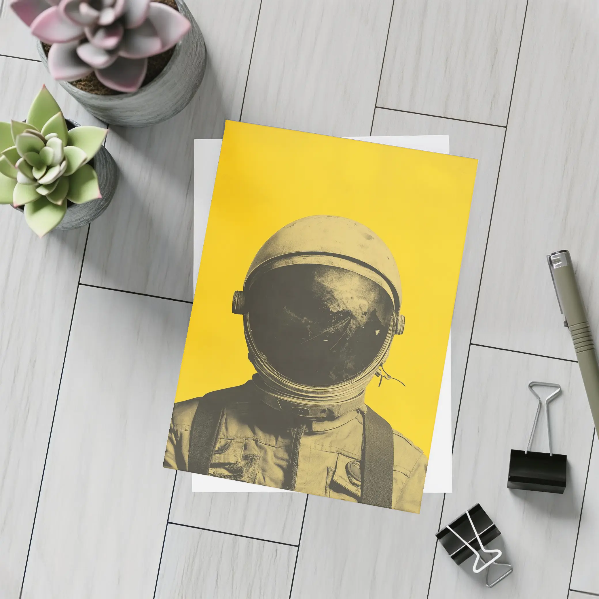 Retro Astronaut Portrait Yellow Background Art – Postcards