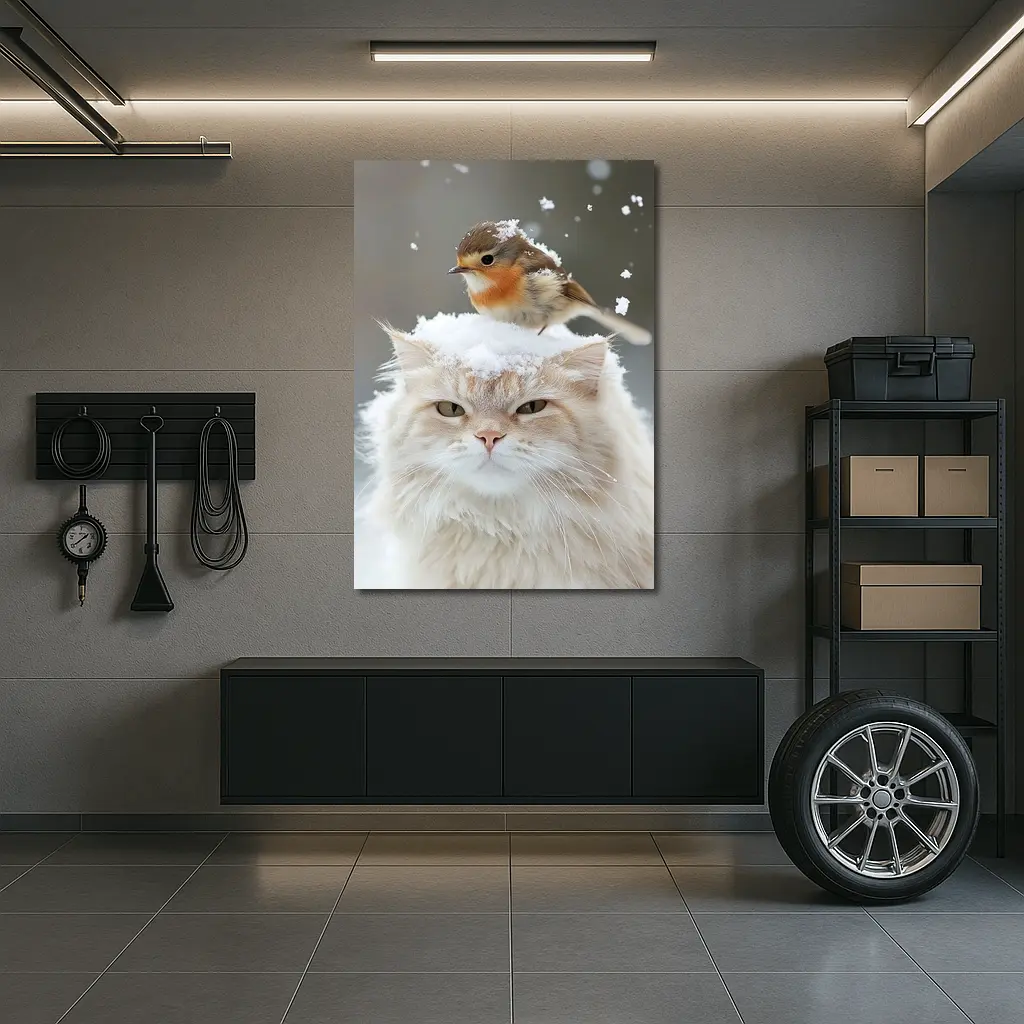 Fluffy White Cat Bird Snow Winter Scene – Wall Art
