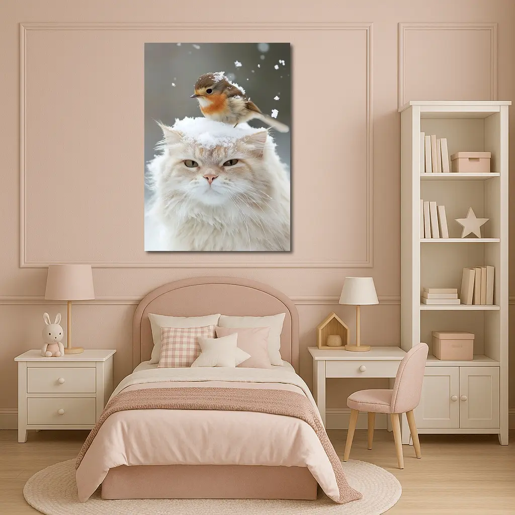 Fluffy White Cat Bird Snow Winter Scene – Wall Art