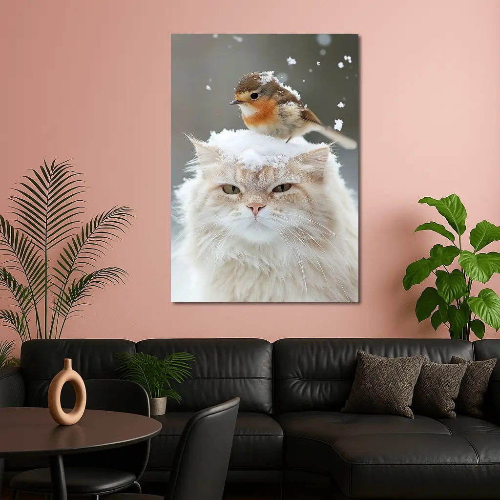 Fluffy White Cat Bird Snow Winter Scene – Wall Art