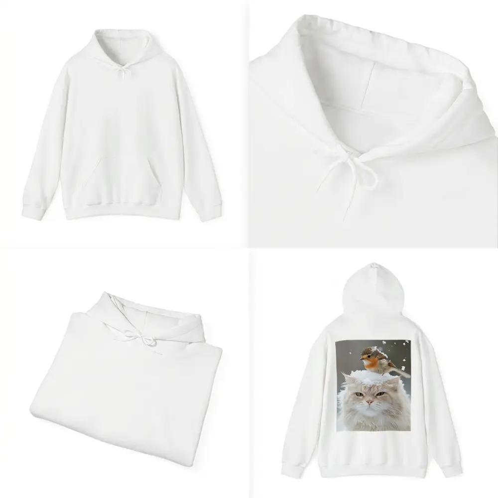 Fluffy White Cat Bird Snow Winter Scene – Hoodies