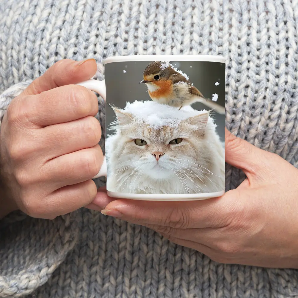 Fluffy White Cat Bird Snow Winter Scene – Mugs