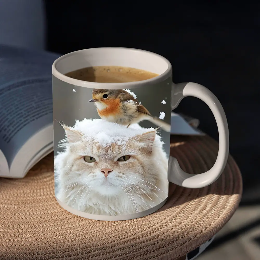 Fluffy White Cat Bird Snow Winter Scene – Mugs