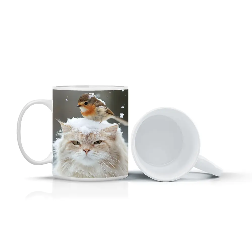Fluffy White Cat Bird Snow Winter Scene – Mugs