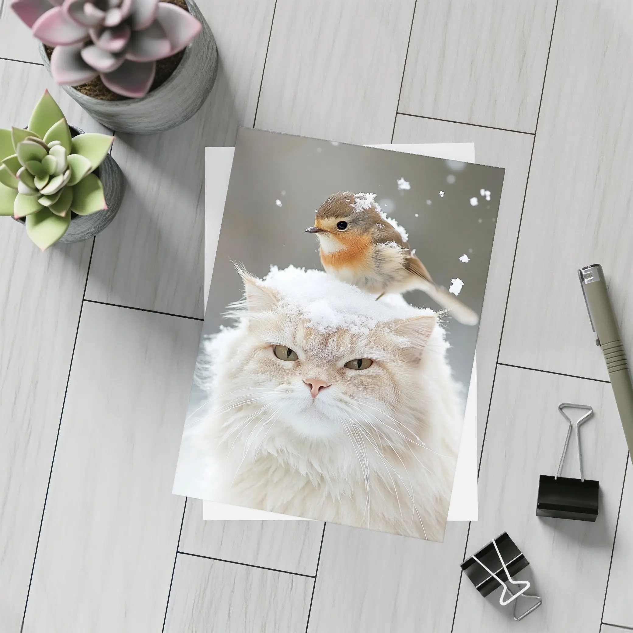 Fluffy White Cat Bird Snow Winter Scene – Postcards