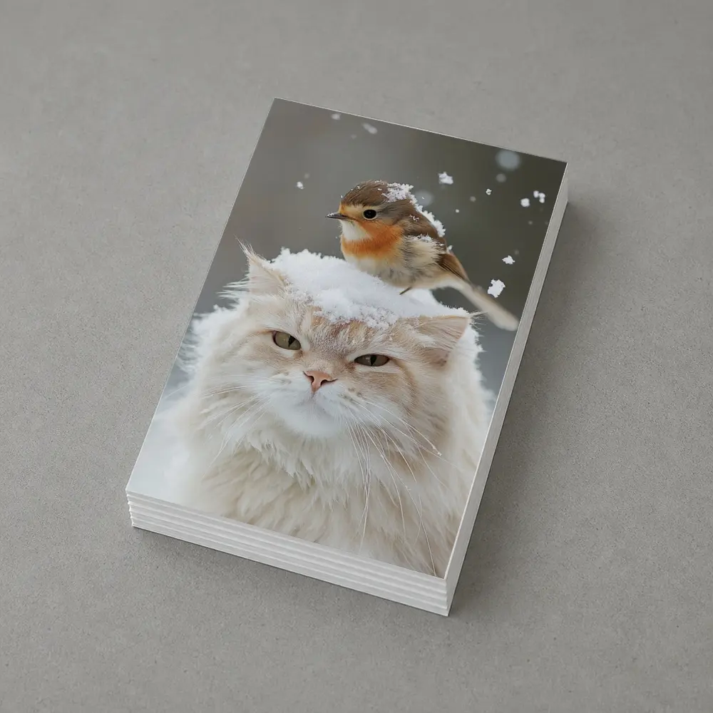 Fluffy White Cat Bird Snow Winter Scene – Postcards