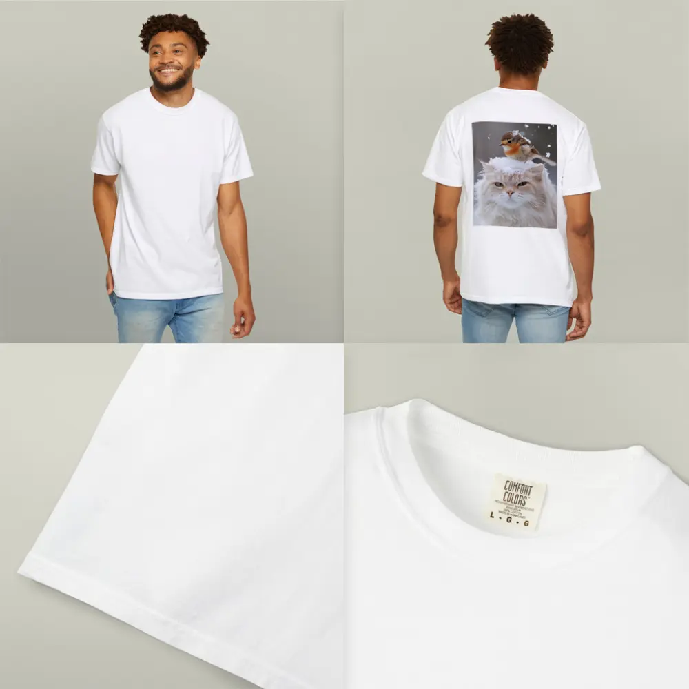 Fluffy White Cat Bird Snow Winter Scene – T-Shirts
