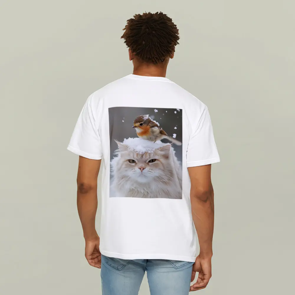 Fluffy White Cat Bird Snow Winter Scene – T-Shirts