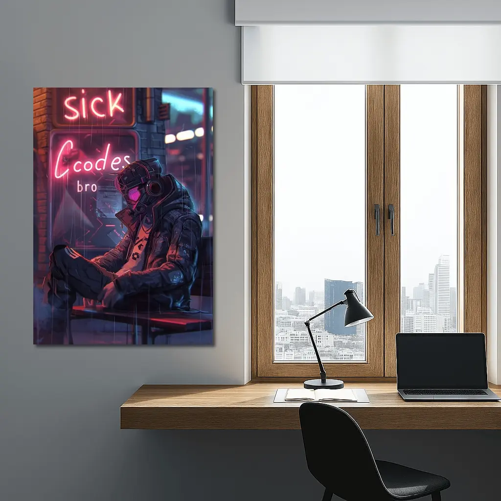 Cyberpunk Hacker Neon Rain Street Night – Wall Art