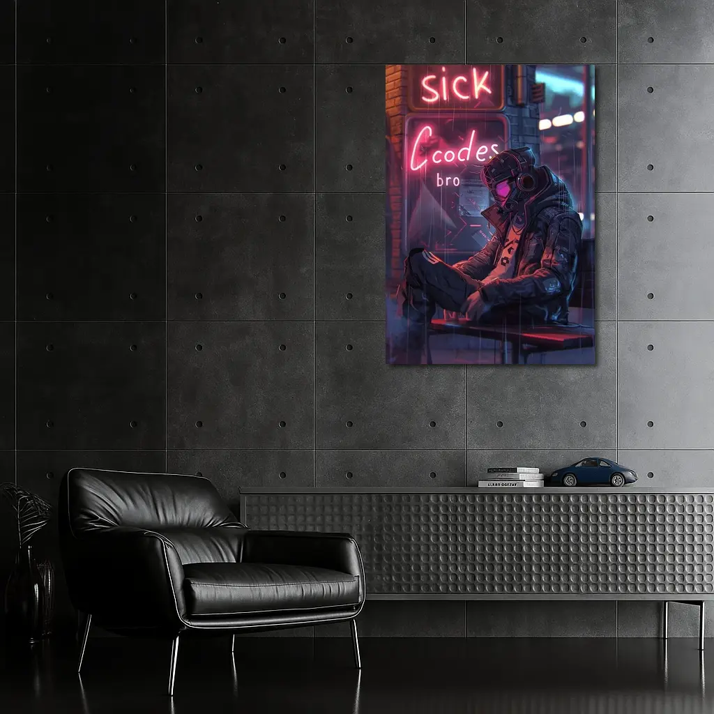 Cyberpunk Hacker Neon Rain Street Night – Wall Art