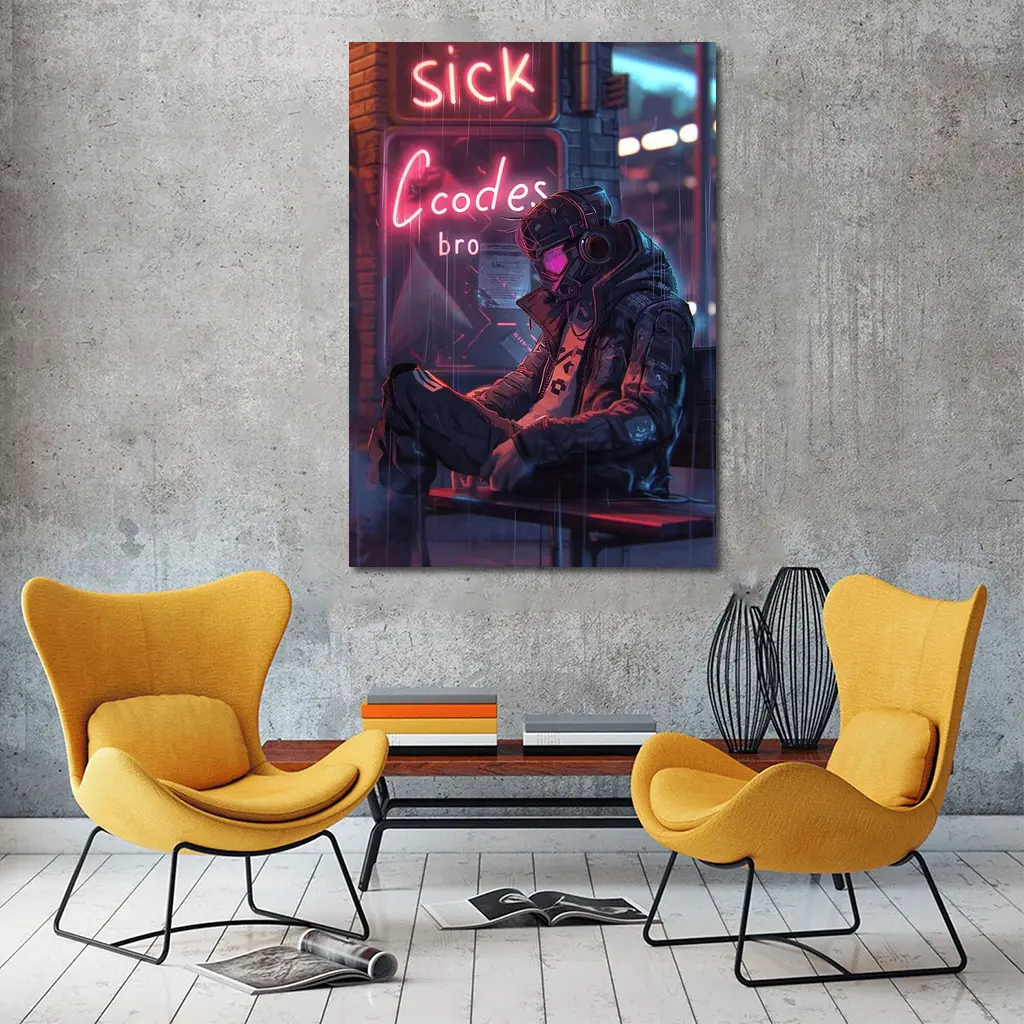 Cyberpunk Hacker Neon Rain Street Night – Wall Art