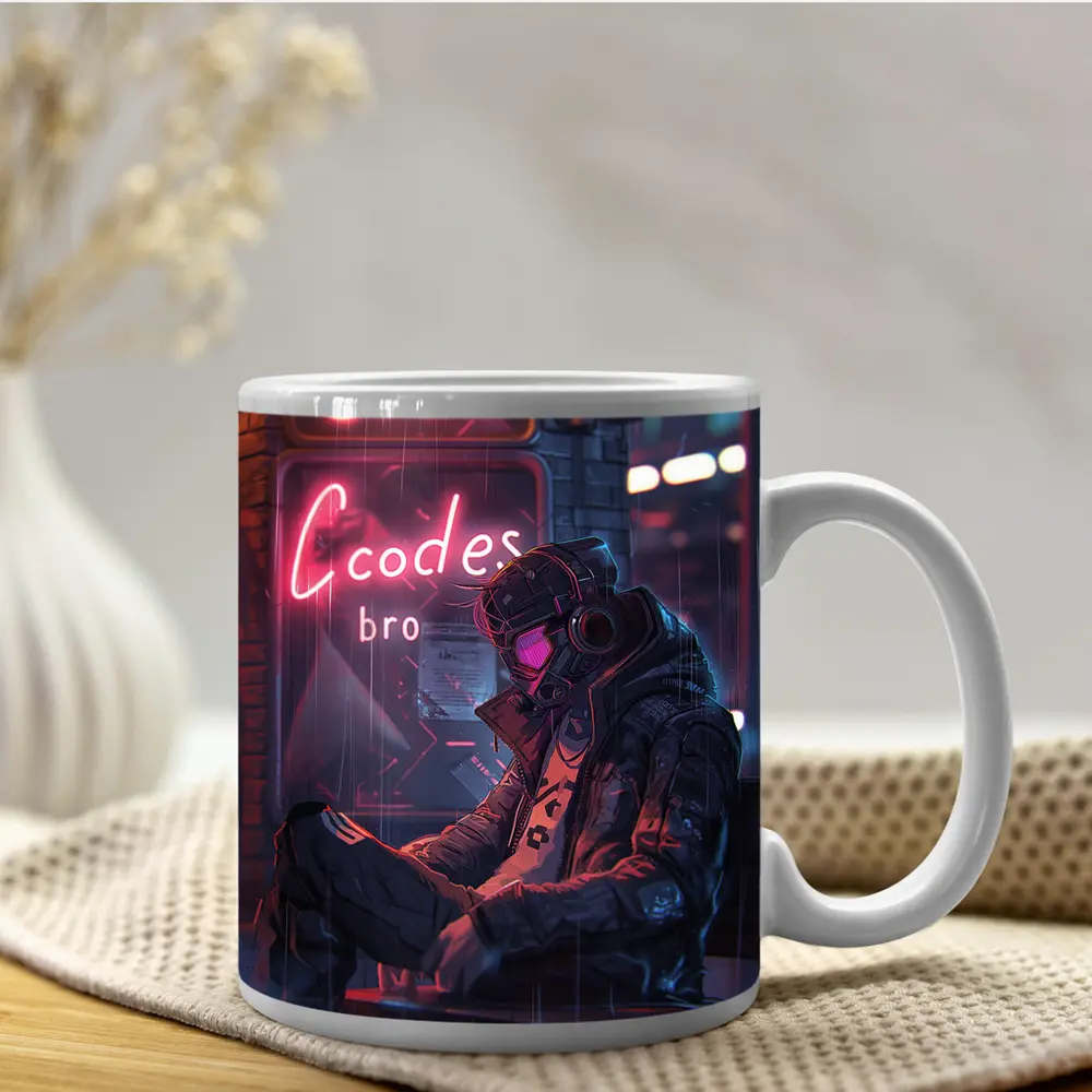Cyberpunk Hacker Neon Rain Street Night – Mugs