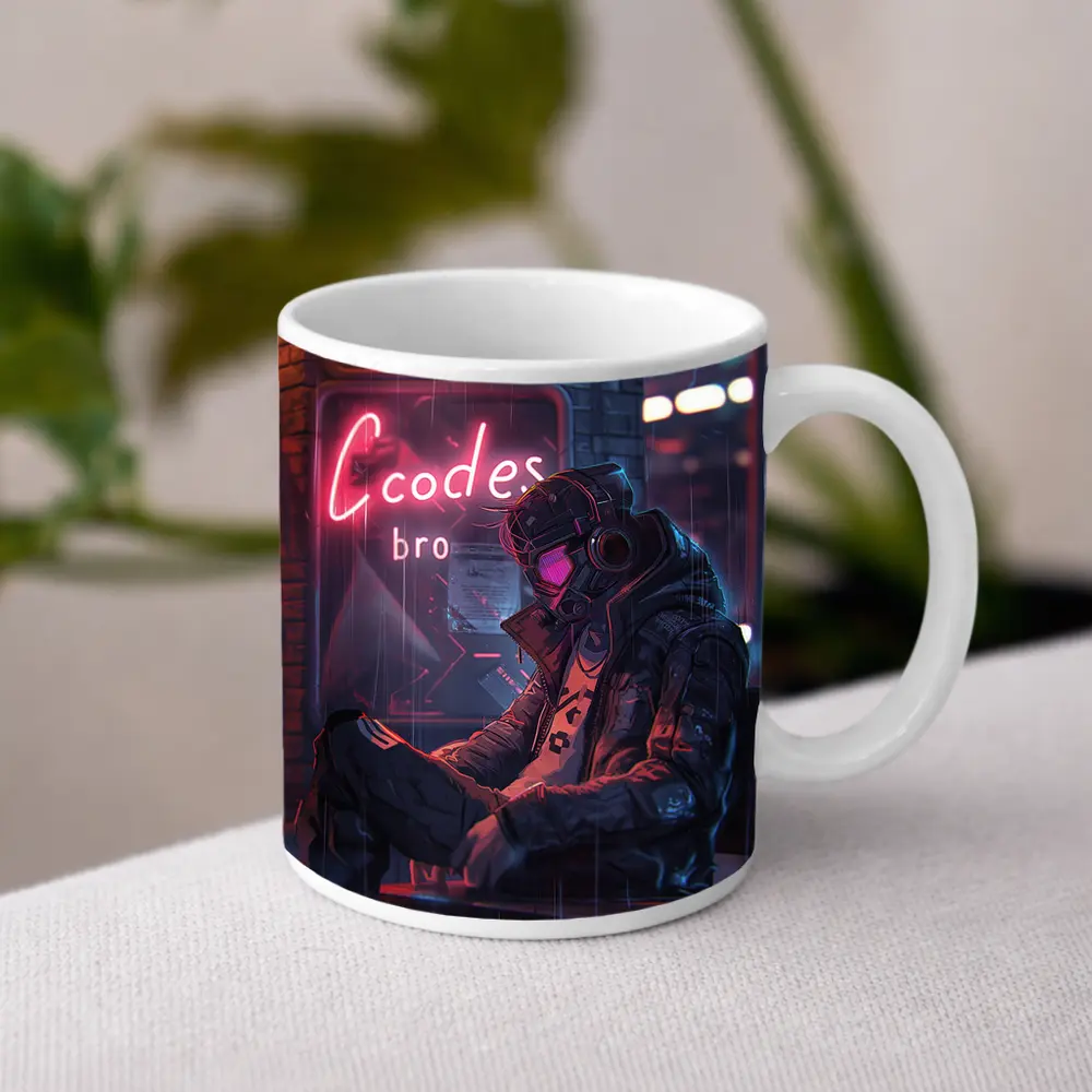 Cyberpunk Hacker Neon Rain Street Night – Mugs
