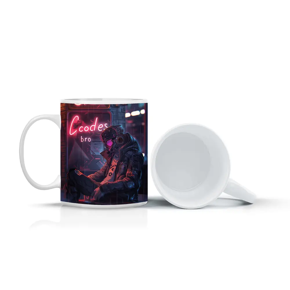 Cyberpunk Hacker Neon Rain Street Night – Mugs