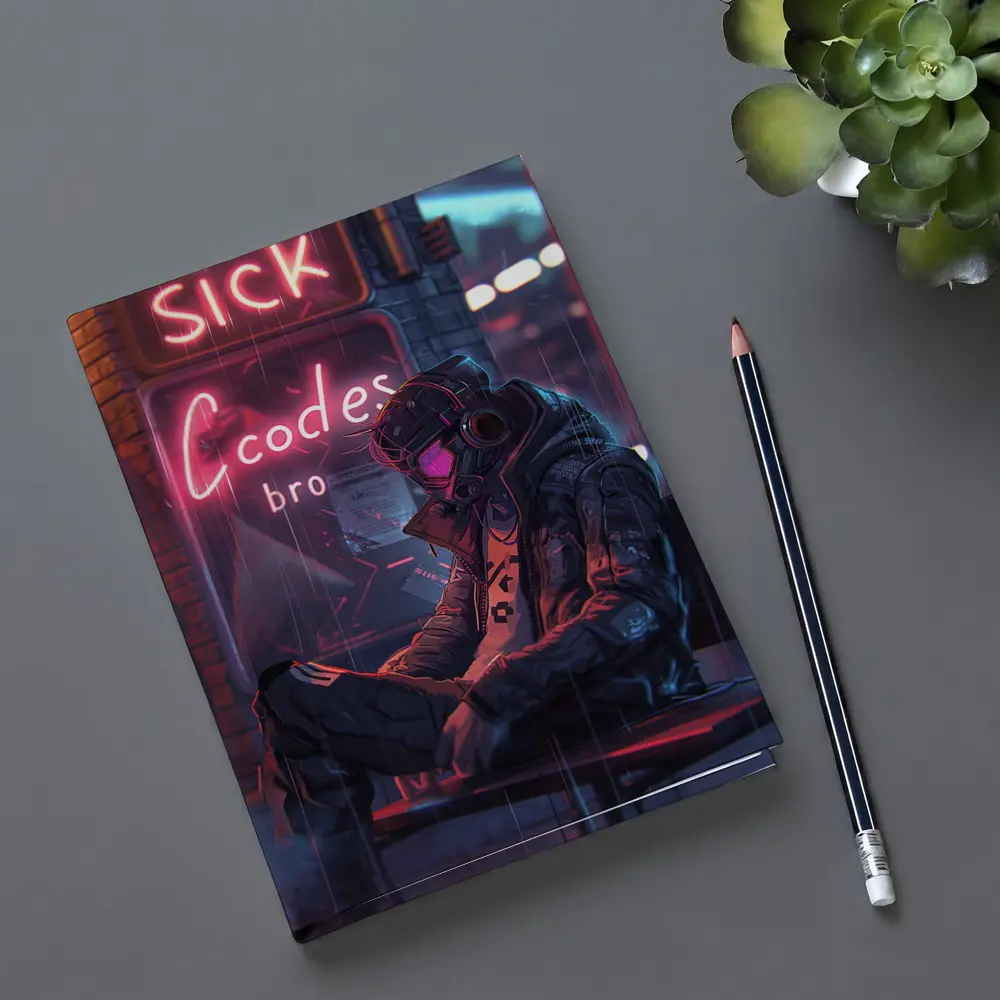 Cyberpunk Hacker Neon Rain Street Night – Notebooks