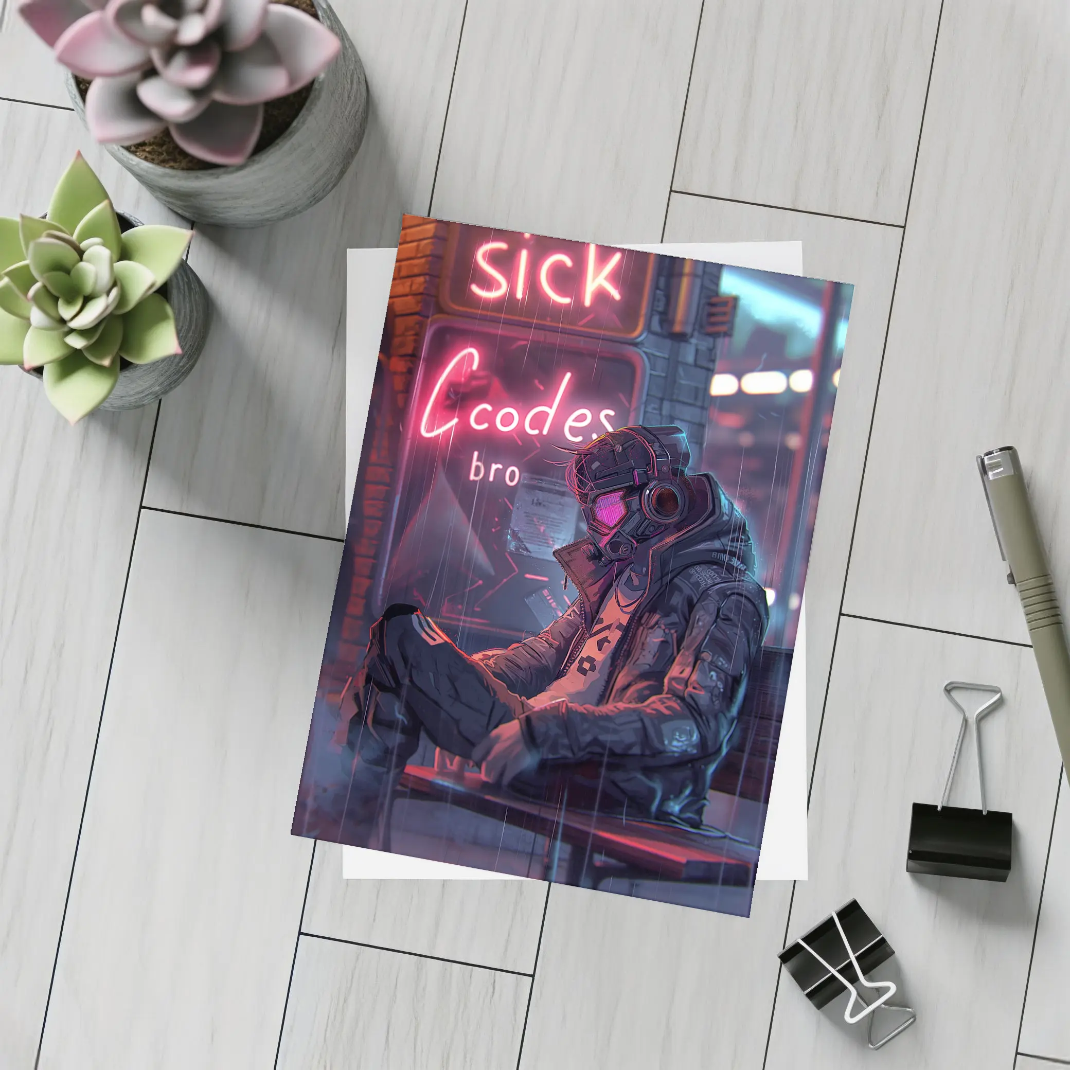 Cyberpunk Hacker Neon Rain Street Night – Postcards