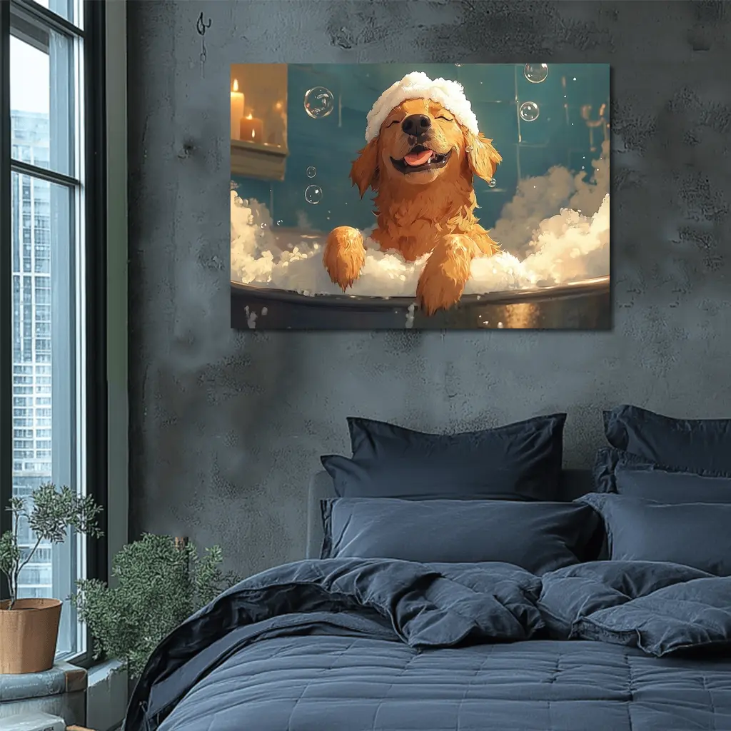 Happy Golden Retriever Bubble Bath Cartoon – Wall Art
