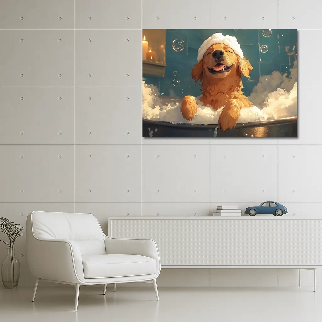 Happy Golden Retriever Bubble Bath Cartoon – Wall Art