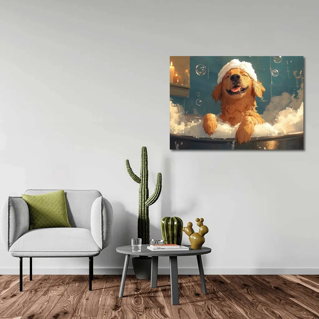Happy Golden Retriever Bubble Bath Cartoon – Wall Art