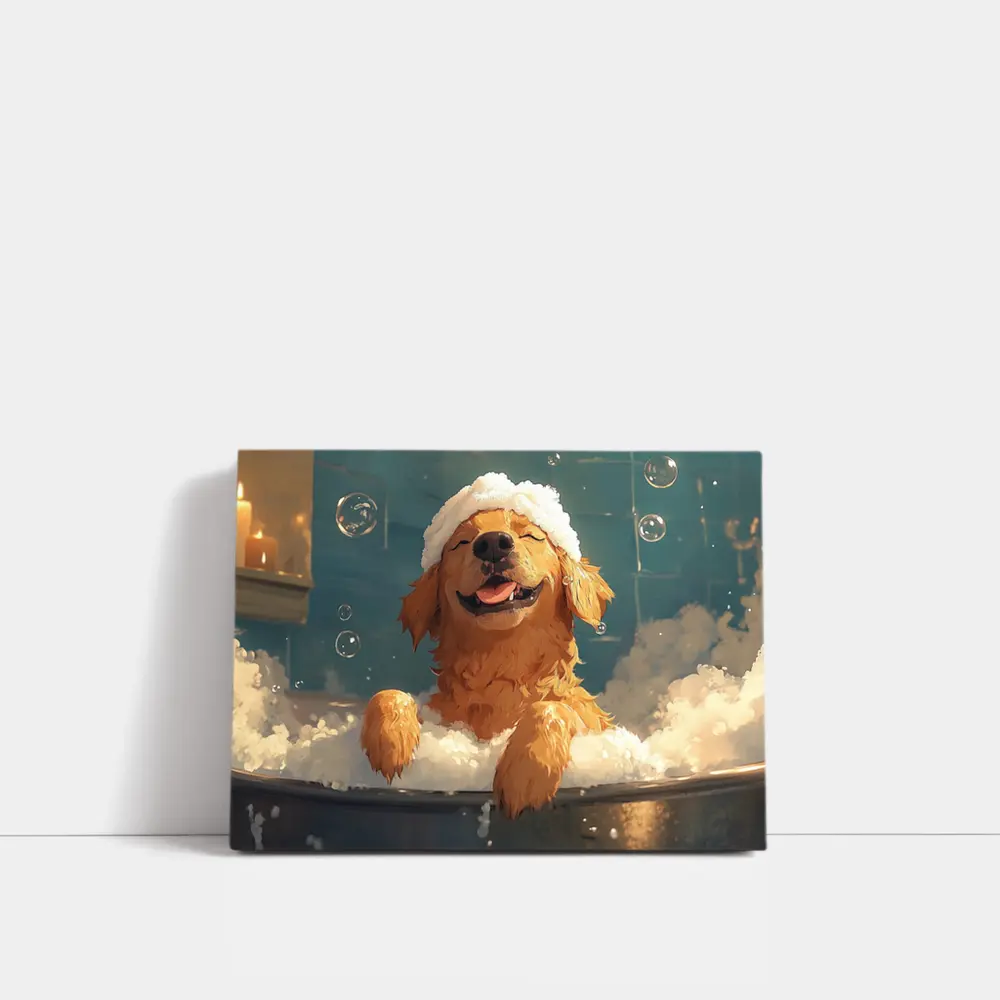 Happy Golden Retriever Bubble Bath Cartoon – Wall Art