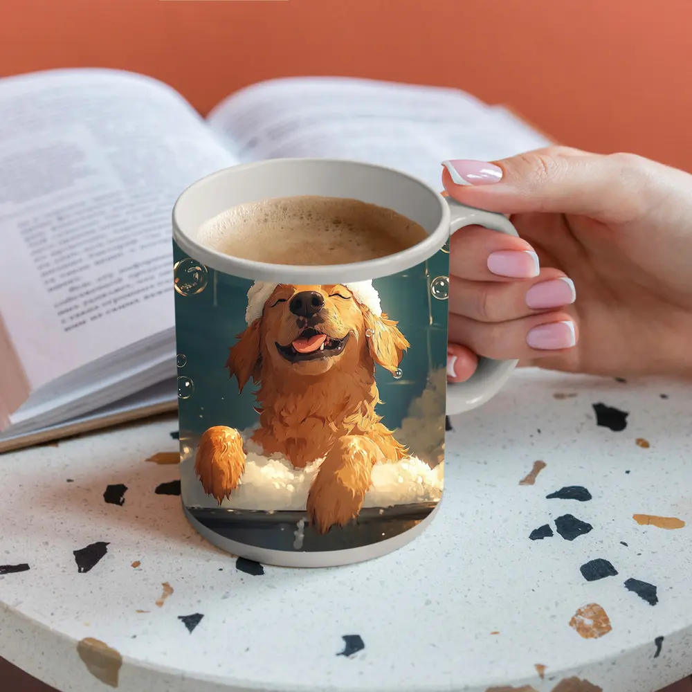 Happy Golden Retriever Bubble Bath Cartoon – Mugs