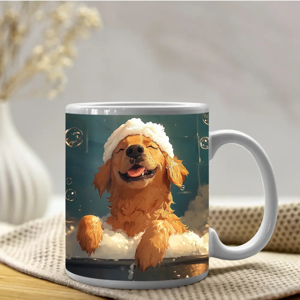 Happy Golden Retriever Bubble Bath Cartoon – Mugs