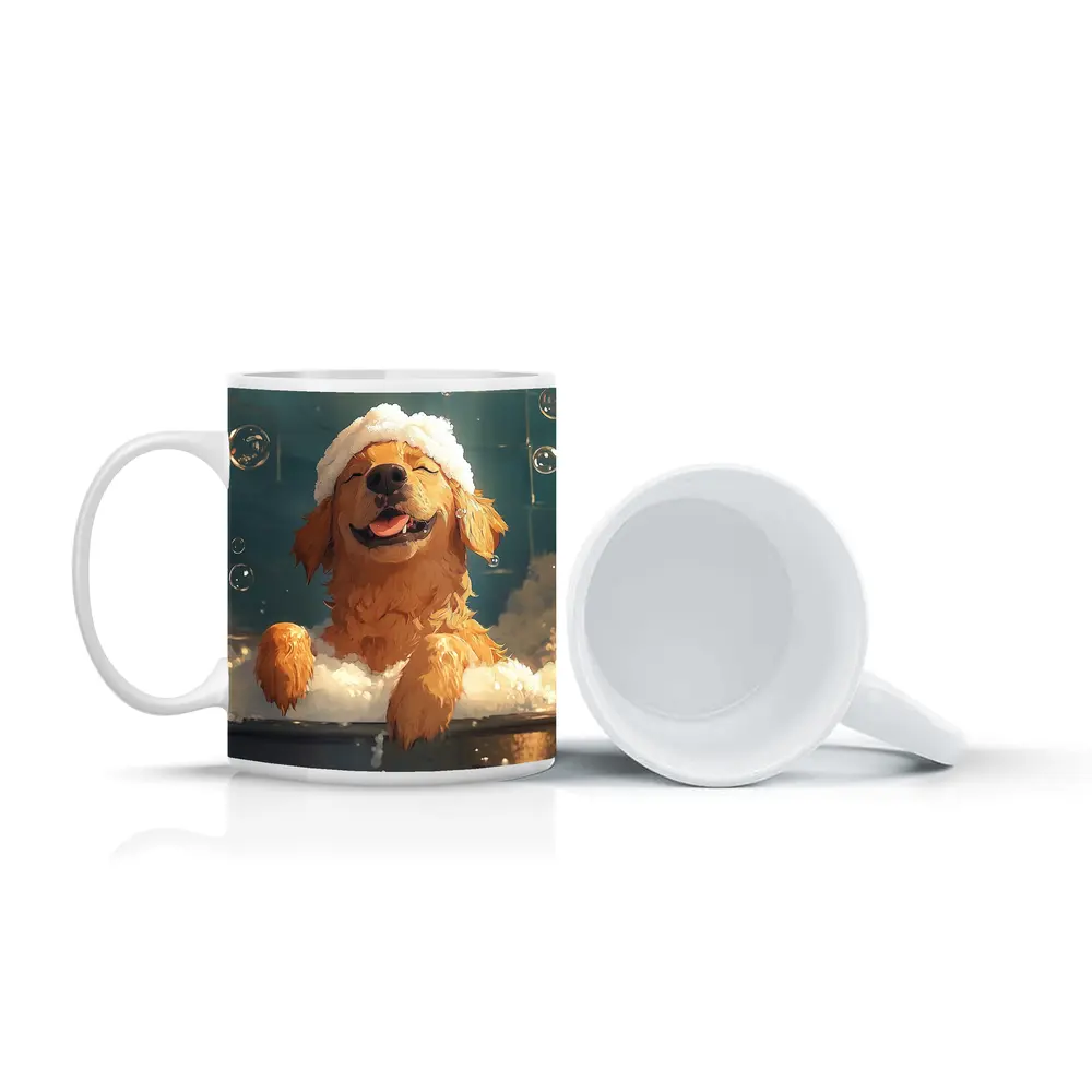 Happy Golden Retriever Bubble Bath Cartoon – Mugs