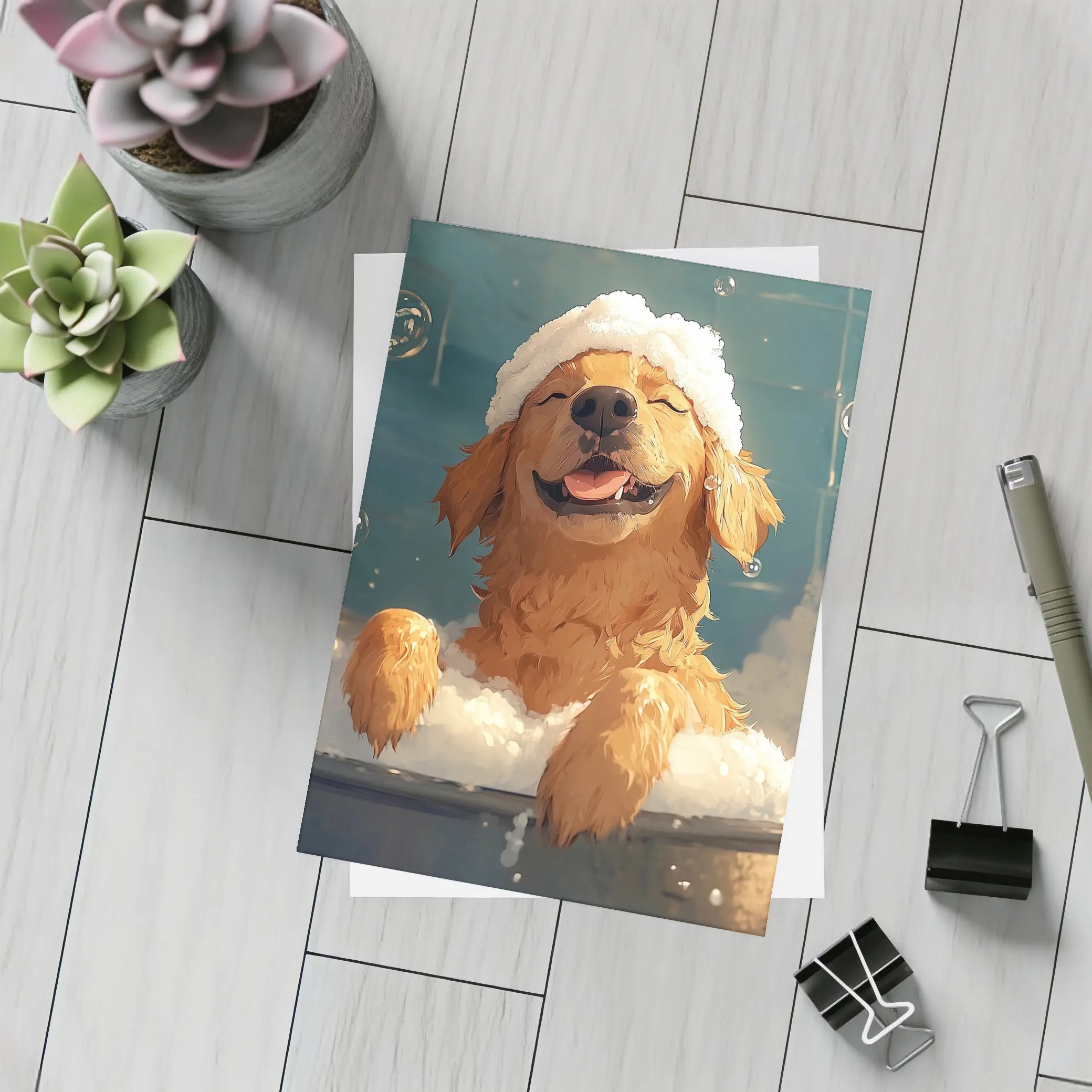 Happy Golden Retriever Bubble Bath Cartoon – Postcards