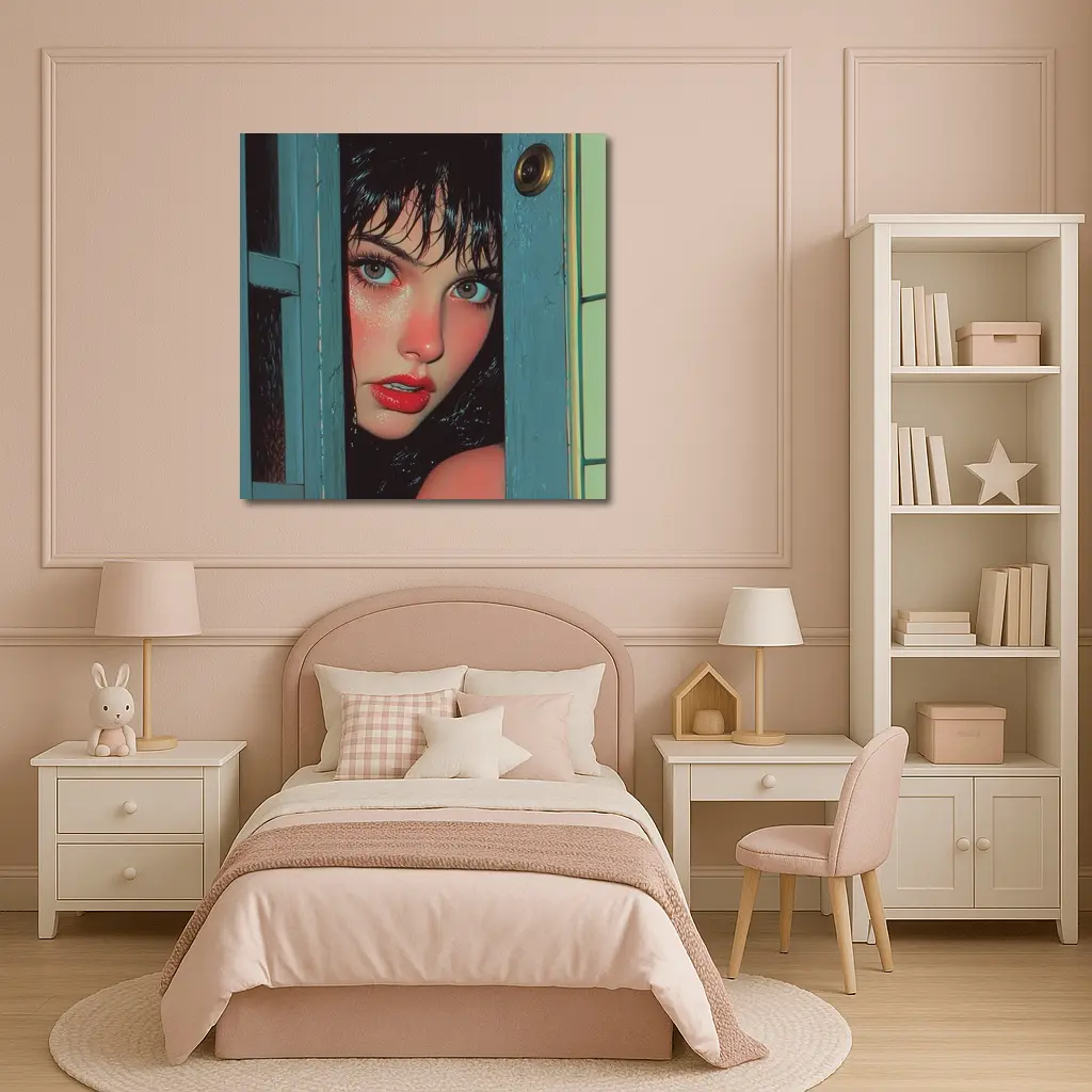 Woman Peeking Through Teal Door Pop Art – Wall Art