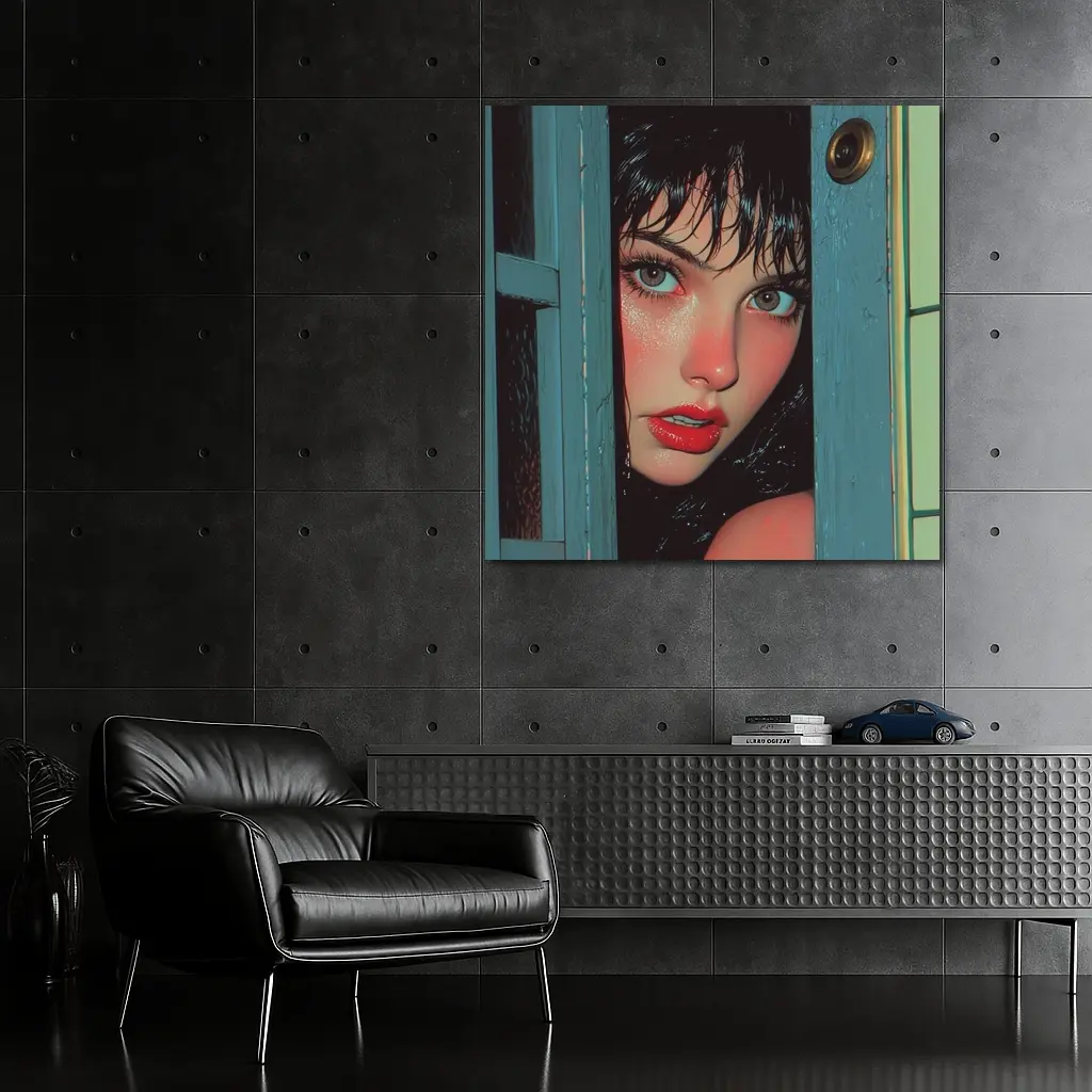 Woman Peeking Through Teal Door Pop Art – Wall Art