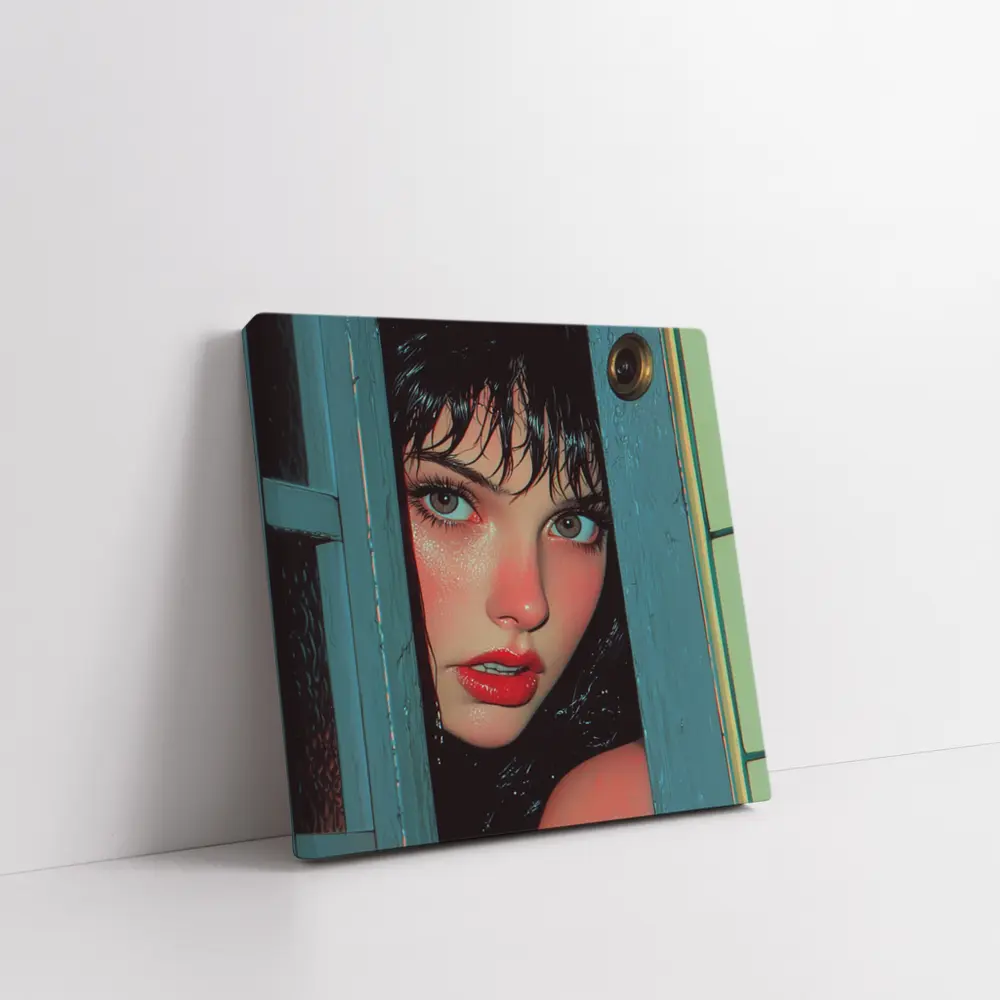 Woman Peeking Through Teal Door Pop Art – Wall Art