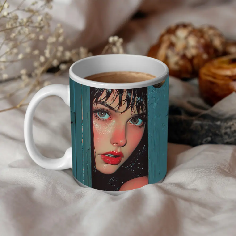 Woman Peeking Through Teal Door Pop Art – Mugs