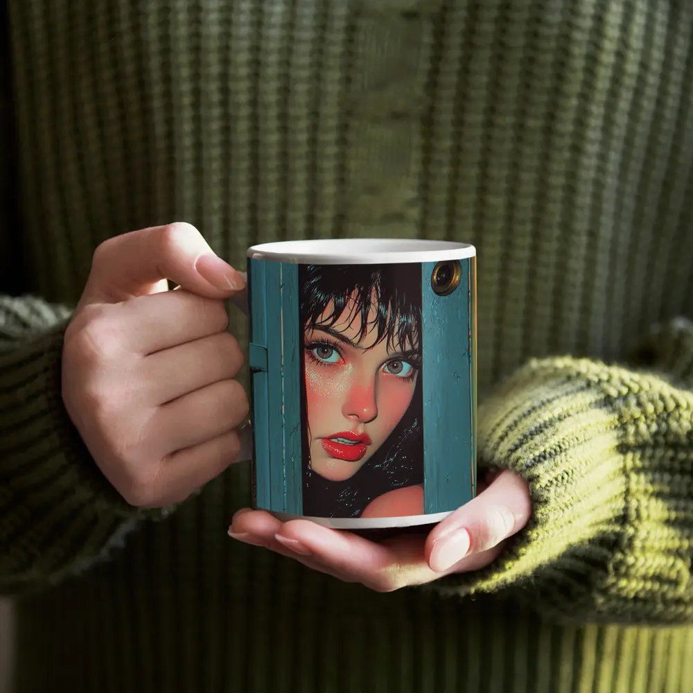 Woman Peeking Through Teal Door Pop Art – Mugs