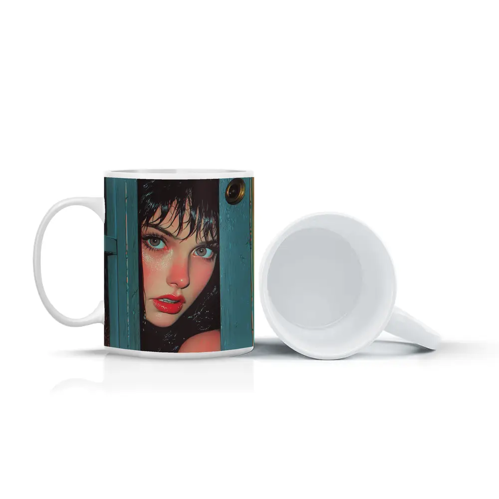 Woman Peeking Through Teal Door Pop Art – Mugs