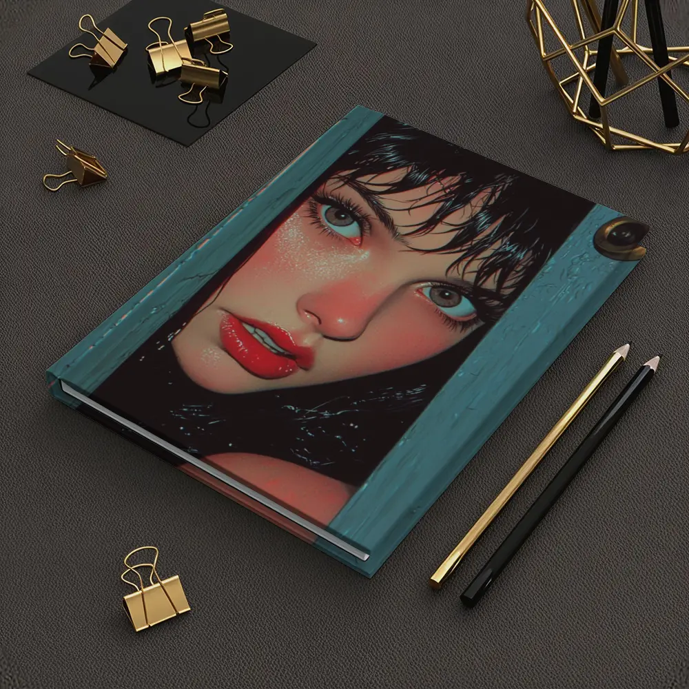 Woman Peeking Through Teal Door Pop Art – Notebooks