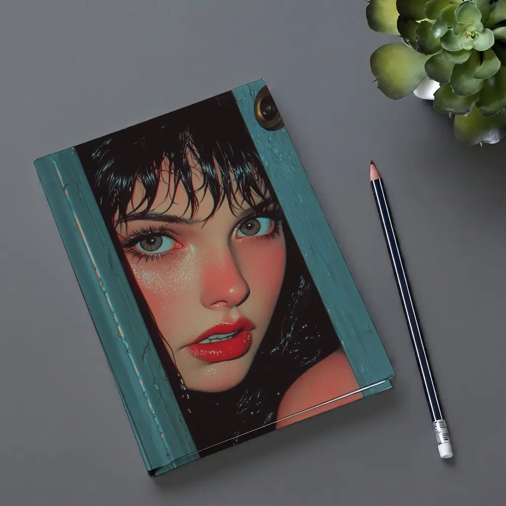 Woman Peeking Through Teal Door Pop Art – Notebooks