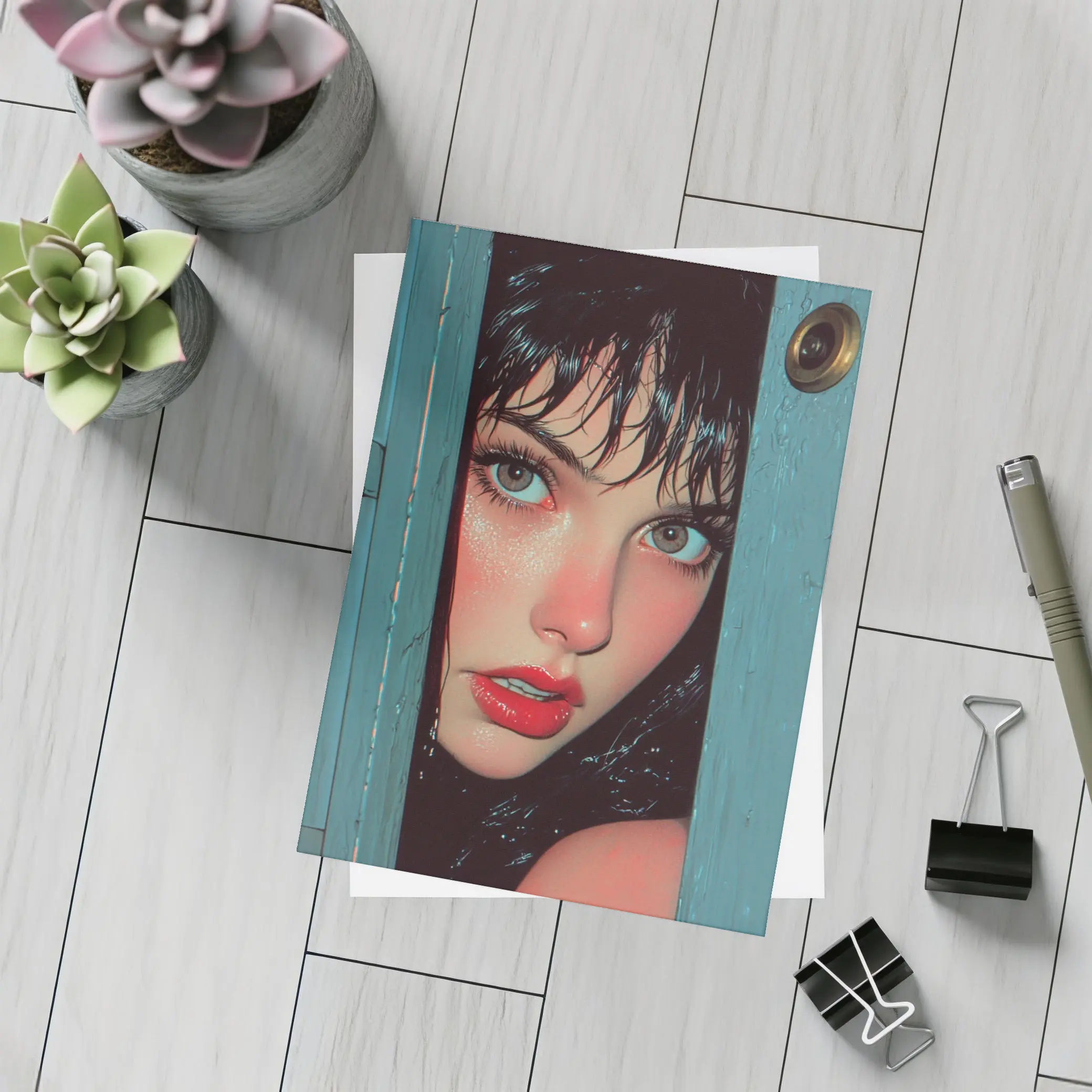 Woman Peeking Through Teal Door Pop Art – Postcards