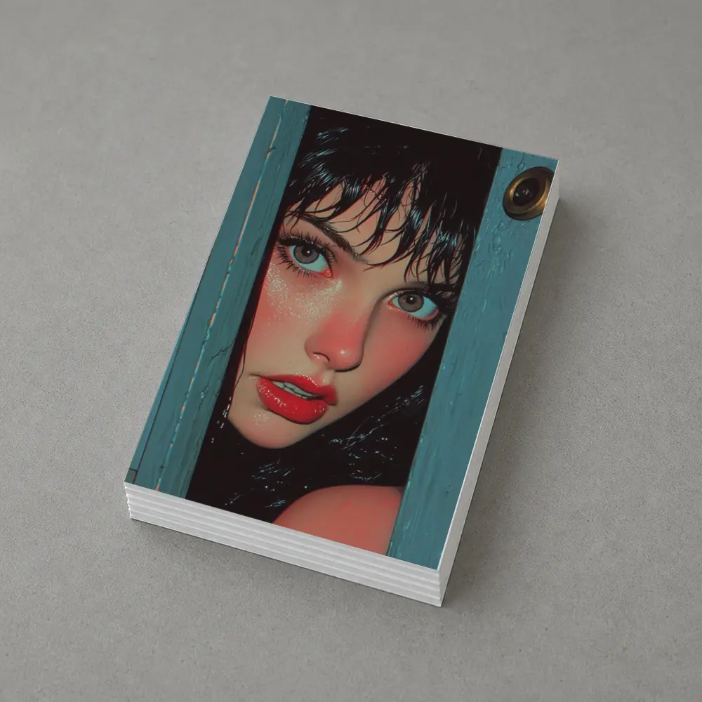 Woman Peeking Through Teal Door Pop Art – Postcards